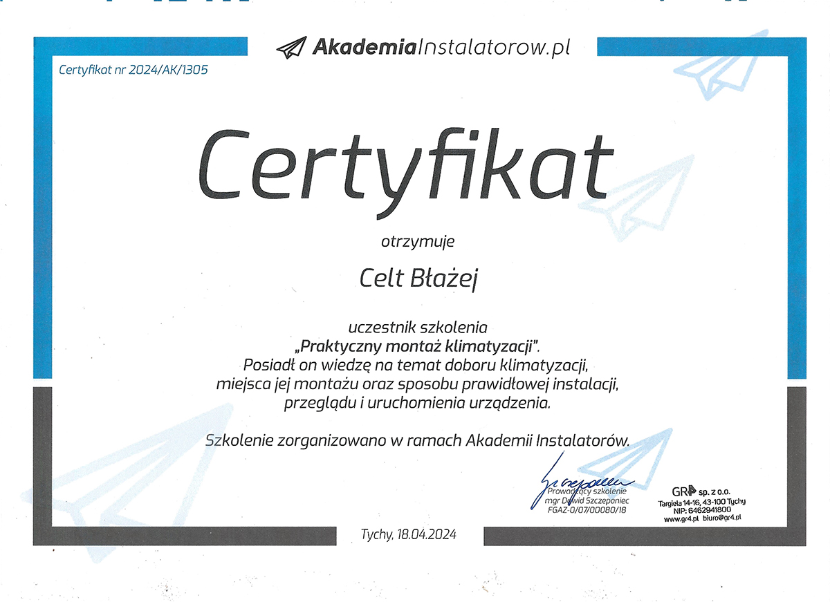 certyfikat akademii instalatorow